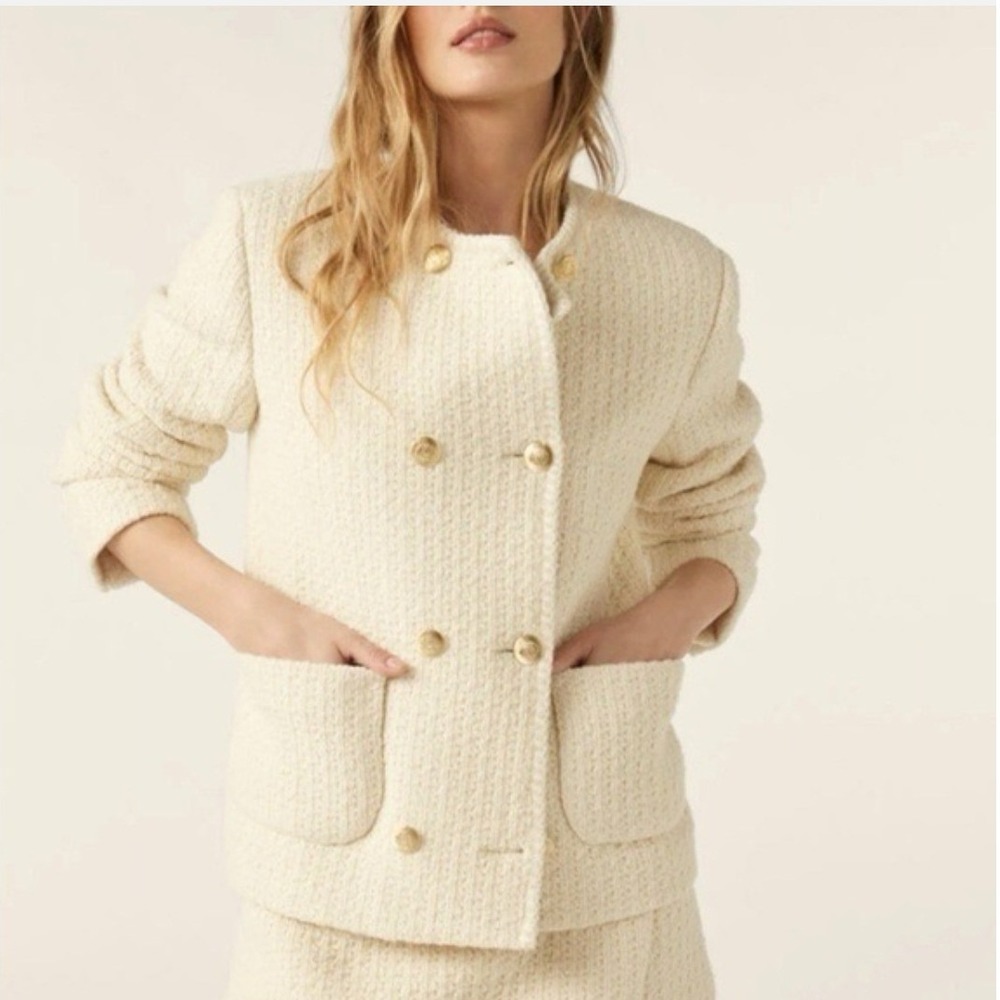 Ba&sh Veste Joe Ecru Tweed Double Breasted Lady Jacket Gold Buttons Wool Silk 1